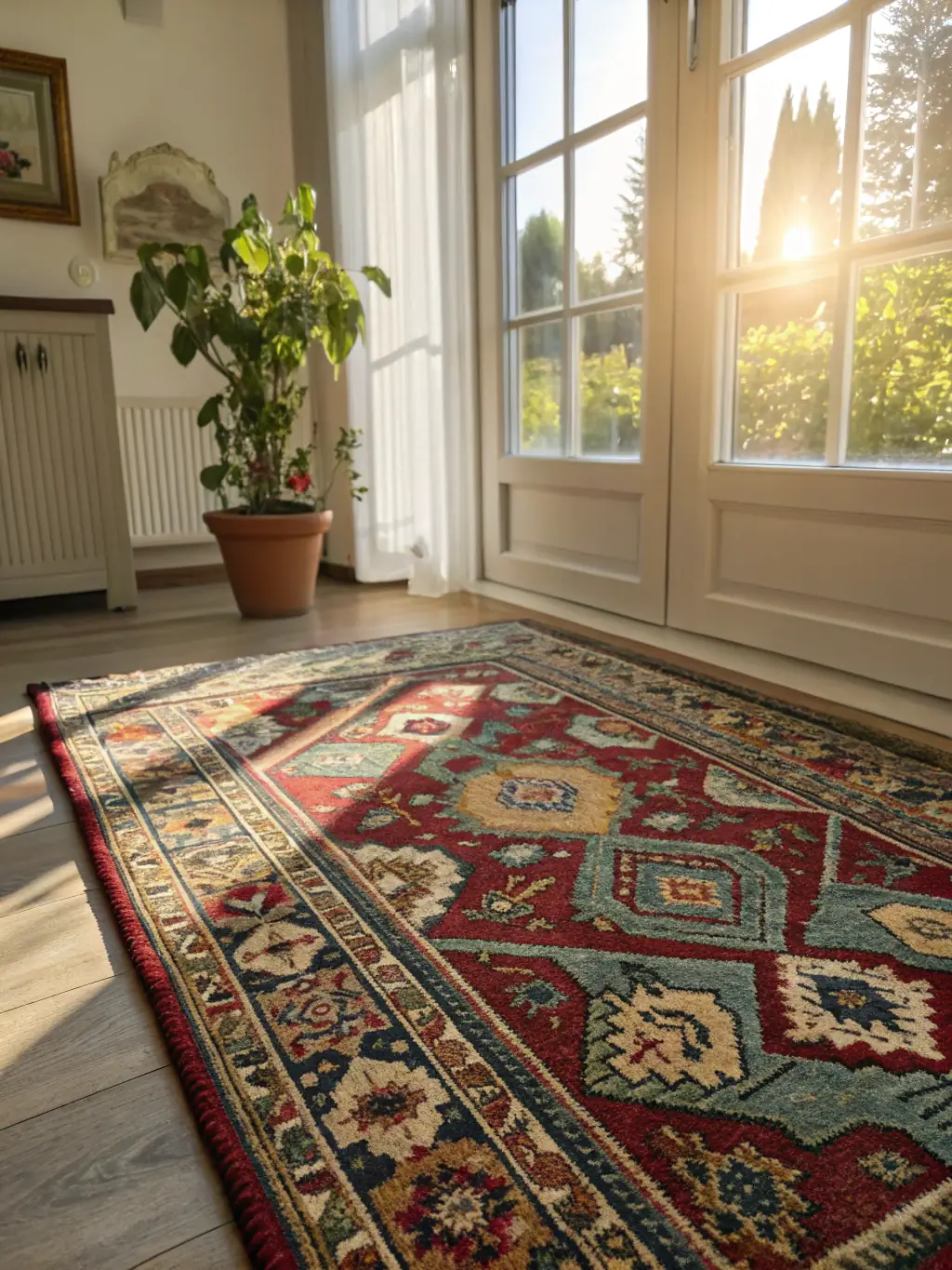 A close-up shot of a freshly cleaned and vibrant area rug, highlighting the restored colors and texture after professional cleaning.