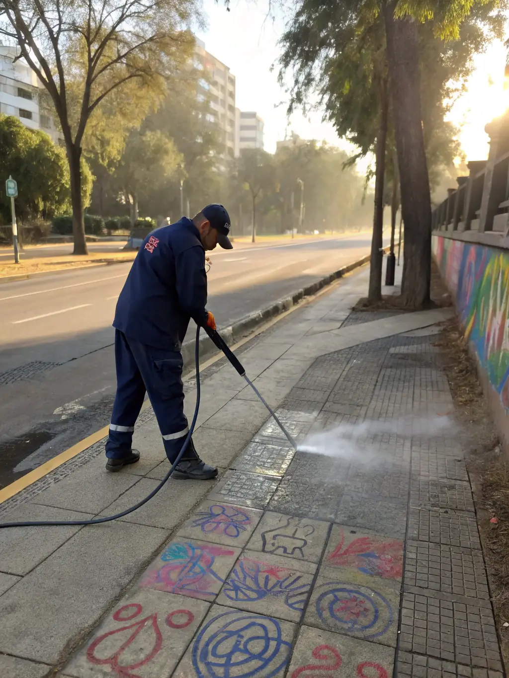 A professional using a power washer to clean a dirty driveway, demonstrating the removal of grime and restoration of the surface.