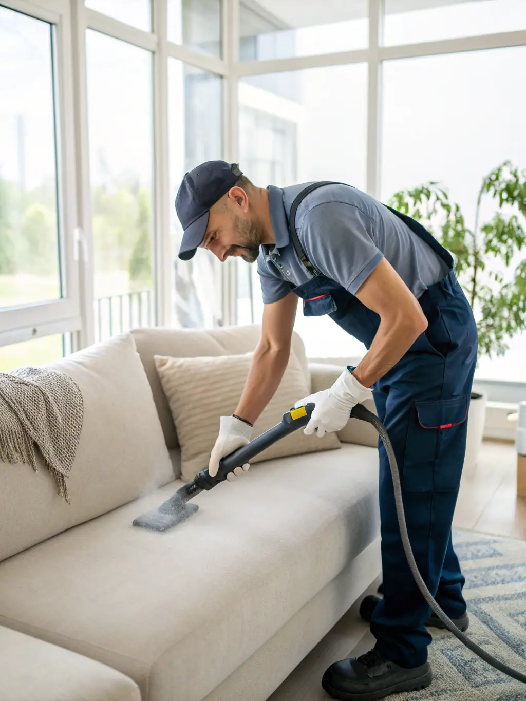 A professional steam cleaning a sofa in a bright living room, restoring its fresh look and feel.